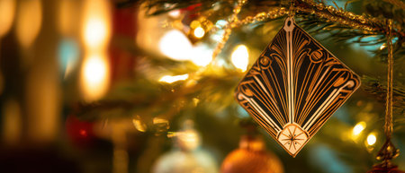 Festive decorations hang delicately from a Christmas tree illuminated by soft lights creating a warm and cozy holiday atmosphere.の素材