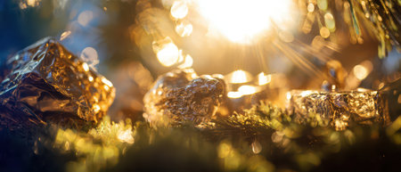 Sparkling decorations glimmer under the warm golden hour light creating a magical atmosphere perfect for welcoming the New Year.の素材