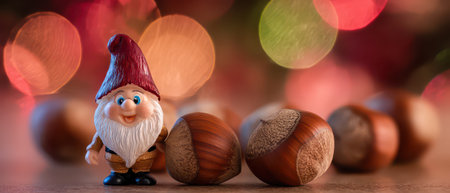 A cheerful gnome stands next to shiny nuts celebrating New Year festivities and spreading joy amidst colorful holiday lights.の素材