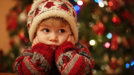 A young child in a warm sweater and a knitted hat sits quietly dreaming amidst colorful New Year decorations and a glowing tree.の素材