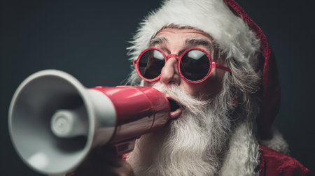 Santa Claus dressed in vibrant red joyfully talks into a megaphone bringing excitement for the New Year celebration with a festive spirit.の素材