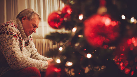 An elderly man sits quietly by a decorated Christmas tree lost in thought as colorful lights twinkle around him on a winter evening.の素材