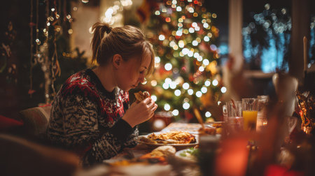 A young woman sits at a decorated table savoring delicious food surrounded by twinkling lights and a vibrant Christmas tree celebrating New Year.の素材