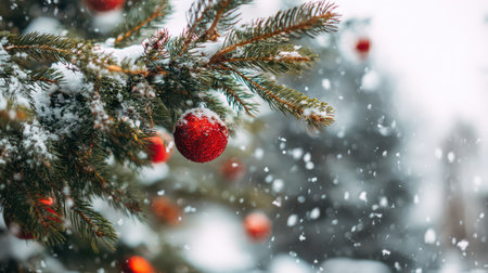 Snow falls gently on a decorated pine tree with bright red ornaments shining through the white landscape in winters embrace.の素材