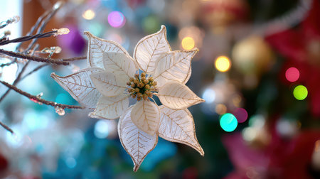 A beautiful white flower adorns a vibrant background filled with colorful lights and festive ornaments creating a joyful New Year ambiance.の素材