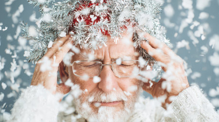An elder man with a silver beard enjoys the New Year surrounded by falling snowflakes and sparkling decorations radiating holiday happiness.の素材
