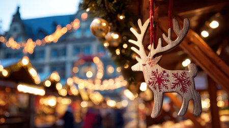 Wooden reindeer ornament hangs among glowing lights at a vibrant holiday market where visitors explore cheerful stalls and enjoy the festive spirit.の素材