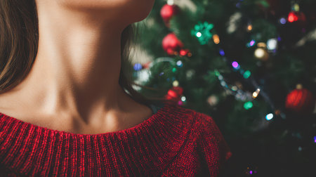 A person in a red sweater stands by a festive Christmas tree adorned with lights and ornaments embodying the New Year spirit.の素材