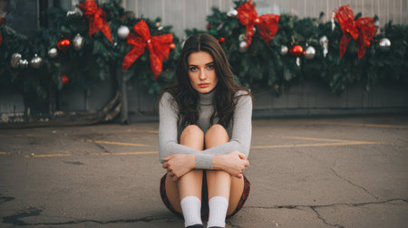 A young woman sits relaxed on the ground surrounded by festive decorations.の素材