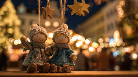 Two charming winter dolls stand close surrounded by glowing lights and festive decor embodying the New Year spirit.の素材