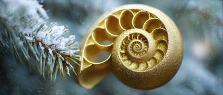 A stunning golden shell ornament hangs gracefully on a snowy evergreen branch capturing the essence of Christmas and New Year celebrations.の素材