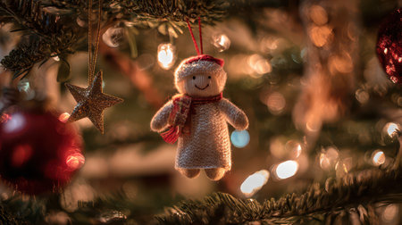 A cozy snowman ornament hangs on a lush Christmas tree surrounded by warm lights and festive decorations creating a cheerful holiday atmosphere.の素材