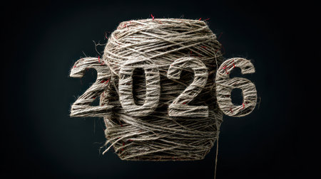 Twine forms the numbers 2026 artistically arranged to symbolize New Year festivities in a dark backdrop highlighting new beginnings.の素材