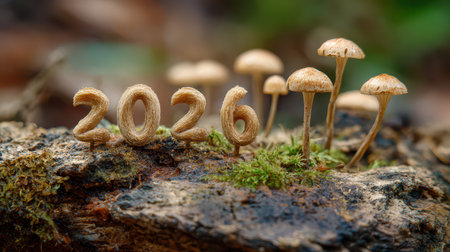 Small mushrooms stand proudly beside the carved numbers 2026 embracing the spirit of New Year in a lush forest setting.の素材