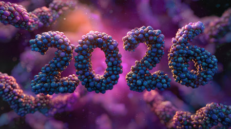 A colorful display of the year 2026 made of vibrant spheres sparkles against a dreamy background celebrating the upcoming New Year.の素材