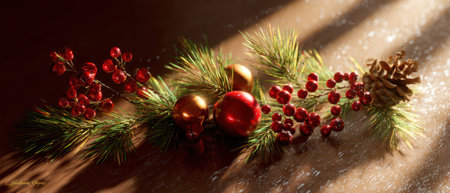 Bright red ornaments and festive berries rest on a rich wooden surface illuminated by warm studio lighting in a cozy New Year setting.の素材