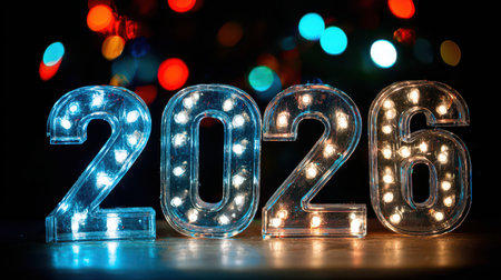 Festive lights highlight the bold numbers 2026 symbolizing a joyful New Year filled with hope and excitement.の素材