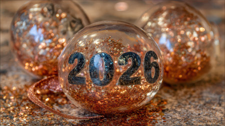 Shimmering glass ornaments filled with glitter showcase the year 2026 adding festive spirit to a New Year celebration on a cheerful backdrop.の素材
