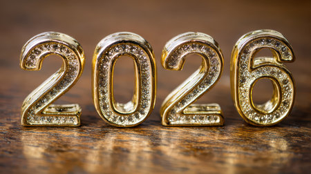 Golden numbers representing the year 2026 shine brightly on a wooden surface symbolizing hope and celebration for the upcoming year.の素材