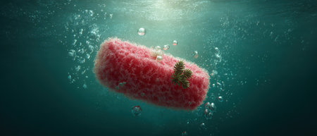 A vibrant underwater scene captures a festive decoration surrounded by bubbles embodying a unique Christmas spirit beneath the seas surface.の素材