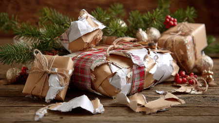 Torn wrapping paper surrounds holiday gifts on a rustic table capturing the festive spirit of New Year with pine and decor.の素材