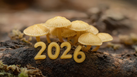 Tiny yellow mushrooms emerge from the forest floor marking the arrival of 2026 with playful numerals nestled among natures greenery.の素材