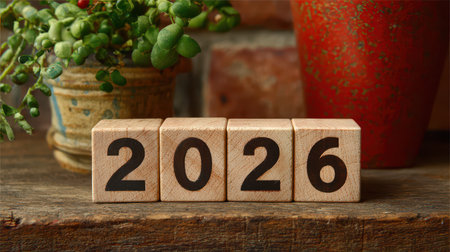 Wooden blocks display the year 2026 on a rustic table surrounded by a small potted plant and a vibrant red pot capturing a cozy New Year vibe.の素材