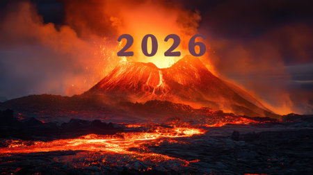 An erupting volcano highlights the arrival of New Year 2026 with flowing lava casting a warm glow against the dark sky.の素材
