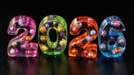 Brightly colored numbers symbolize the exciting arrival of the New Year with sparkling details adding a festive touch.の素材