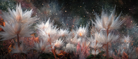A stunning garden filled with ethereal flowers glows under starlit skies.の素材