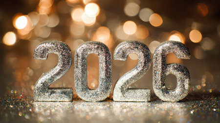 Sparkling numbers form the year 2026 reflecting off shiny surfaces and colorful bokeh lights during a festive New Year celebration.の素材