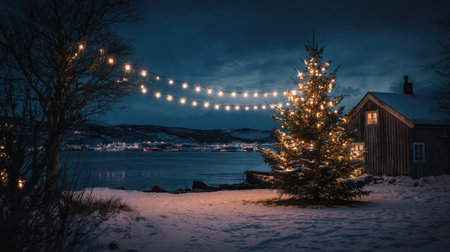 Enjoy a cozy winter scene featuring a beautifully lit Christmas tree beside a snowy lake surrounded by twinkling lights and a charming cabin.の素材