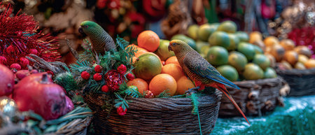 Two vibrant birds explore a festive display of fruits decorated for New Year celebrations surrounded by holiday decorations.の素材