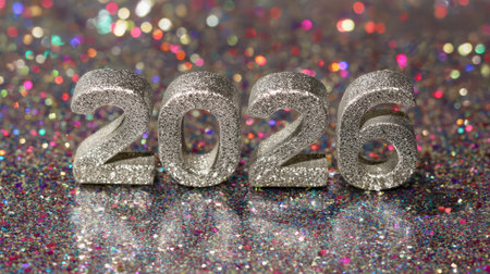 Shimmering numbers 2026 reflect light on a festive glimmering surface capturing the excitement of New Year celebrations with vibrant colors.の素材