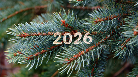 A close up of vibrant pine branches marks the arrival of 2026 symbolizing new beginnings and festive celebrations for the year ahead.の素材