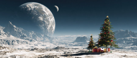 Brightly decorated trees stand on a rocky lunar surface glowing under distant stars. Earth shines in the background marking a unique New Year.の素材