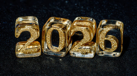 Golden numbers 2026 shine brightly against a dark background symbolizing the excitement and promise of the upcoming New Year festivities.の素材