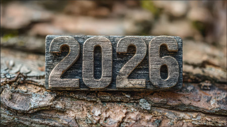 Wooden numbers resting on a textured surface symbolize the upcoming year 2026. Nature surrounds these figures evoking new beginnings and hope.の素材