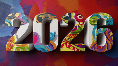 A colorful representation of the year 2026 showcases bright patterns and designs symbolizing festive celebrations and new beginnings.の素材