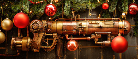 A stunning steampunk device decorated with bright red ornaments and green garlands perfectly blending New Year spirit with imaginative design.の素材