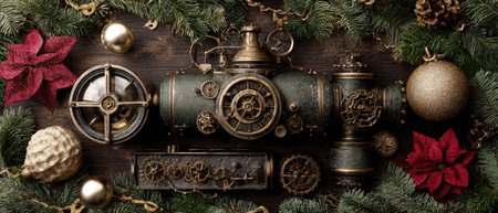 A unique steampunk machine is adorned with festive greenery shiny ornaments and vibrant flowers for a creative New Year celebration.の素材
