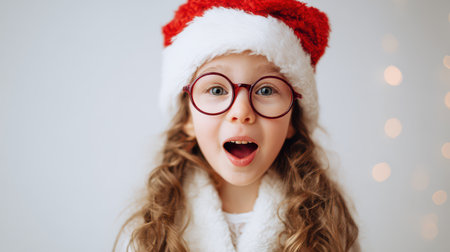 A joyful child wearing a red and white hat expresses excitement for the New Year. Soft lights twinkle in the background enhancing the festive vibe.の素材