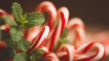 Colorful candy canes arranged with vibrant green mint leaves create a festive vibe perfect for New Year celebrations and joyful gatherings.の素材