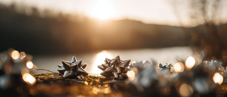 Shimmering silver decorations rest peacefully by the water under a warm golden hour glow marking the spirit of New Year celebrations.の素材