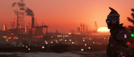 A Santa hatted figure stands among glowing lights watching the sunrise over a cyberpunk industrial landscape blending joy with grit.の素材