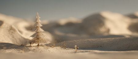 A small tree stands alone in the soft desert illuminated by gentle light signifying the arrival of a new year with tranquil beauty.の素材