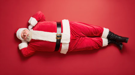 A jolly figure in a red suit lies comfortably on a vibrant red background embodying the spirit of New Year celebrations and holiday cheer.の素材