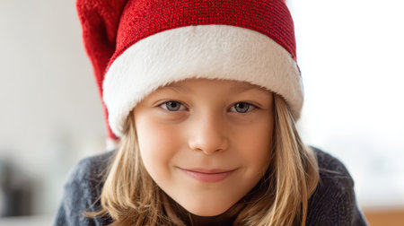 A happy child wears a red and white hat smiling brightly as they prepare for New Year celebrations with excitement and joy.の素材