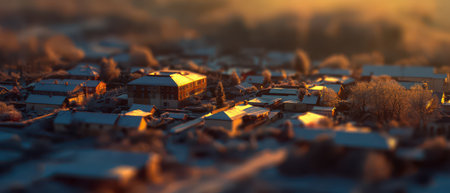 Soft light casts a warm glow over a serene village as the New Year unfolds bringing calmness and beauty to the surrounding landscape.の素材