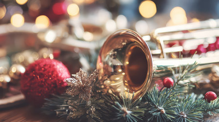 A shiny trumpet rests on a table surrounded by vibrant holiday ornaments and fresh greenery capturing the spirit of celebration during New Year.の素材
